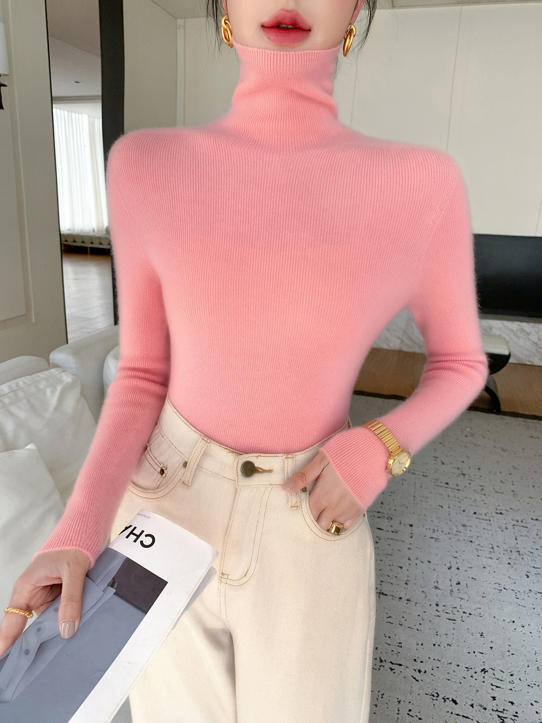 Women Slim Fine Knit Sweater with High Roll Neck and Fine Rib Structure Mune Fashion