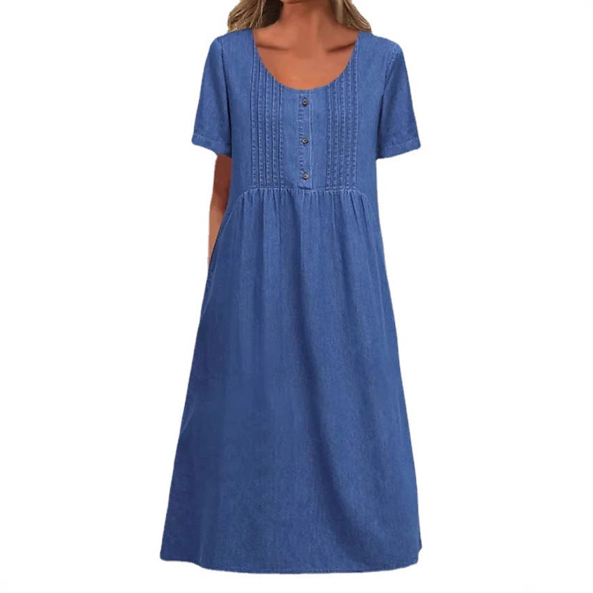 Ladies' knee-length dress in denim look with round neckline, chest piping and side inset pockets Mune Fashion