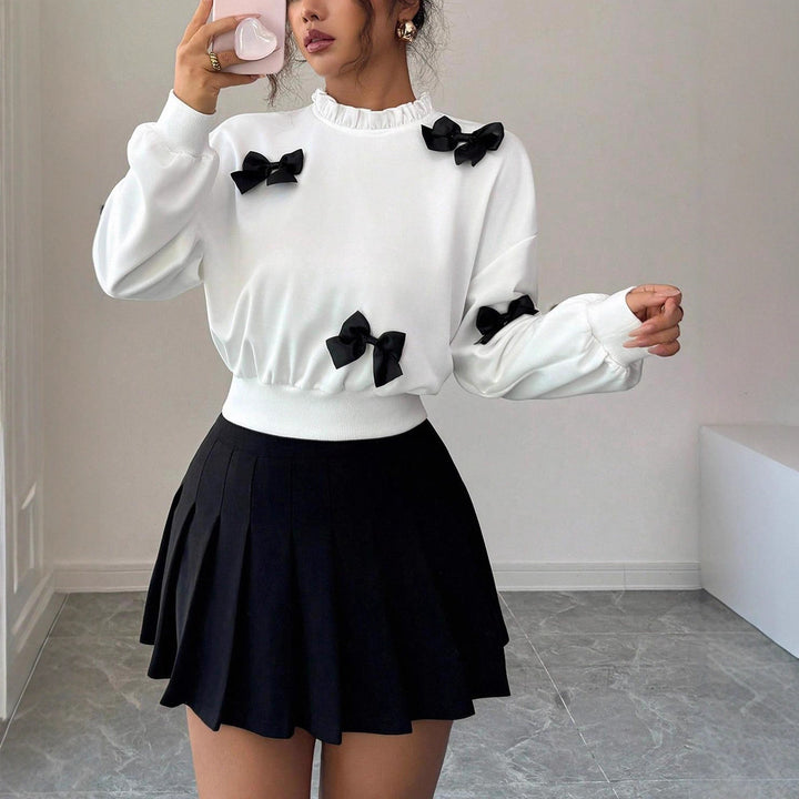 Women Cropped Sweatshirt with Ruffled Collar, Balloon Sleeves and Decorative Bow Details