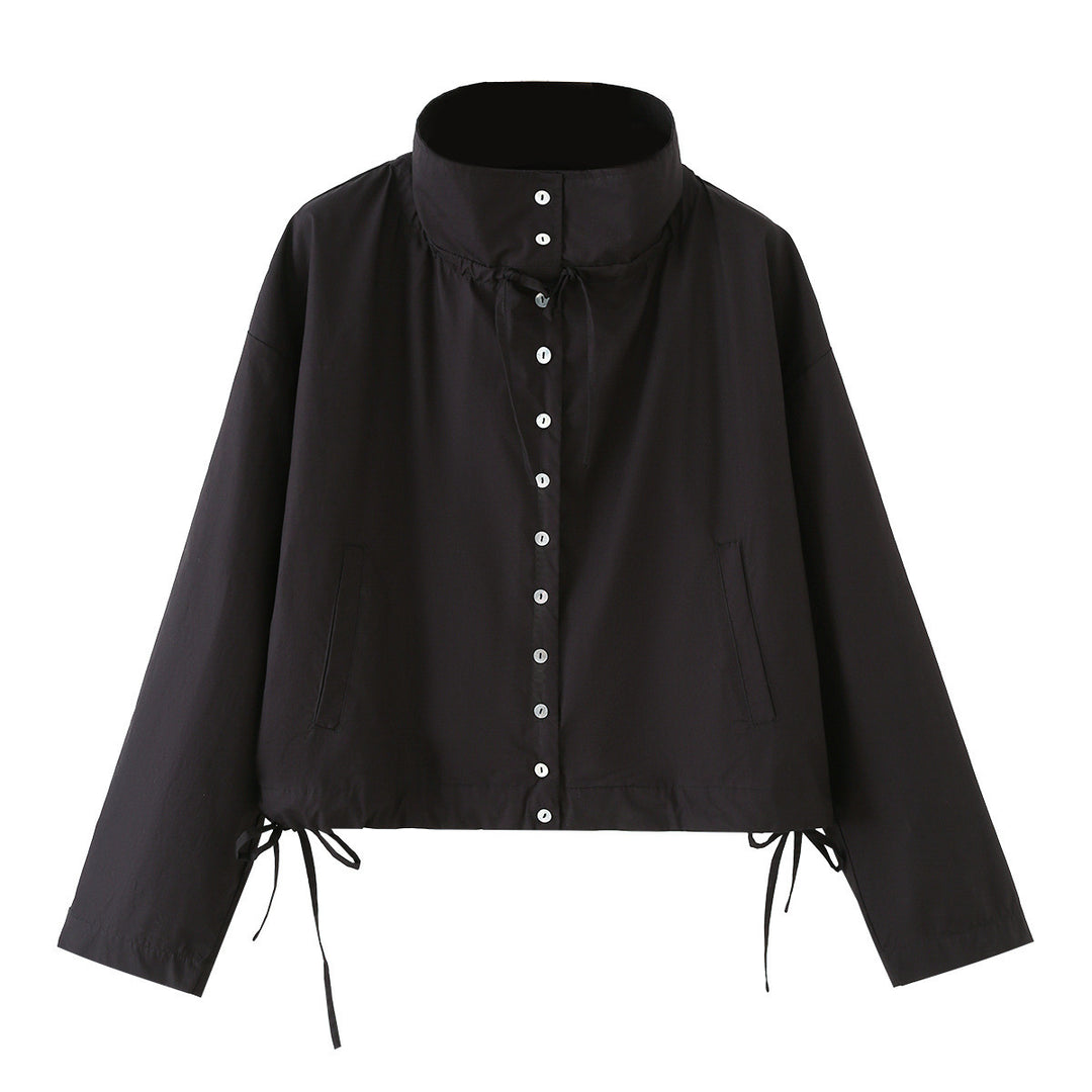 Women short-cut blouson jacket with high stand-up collar, button placket and drawstring Mune Fashion