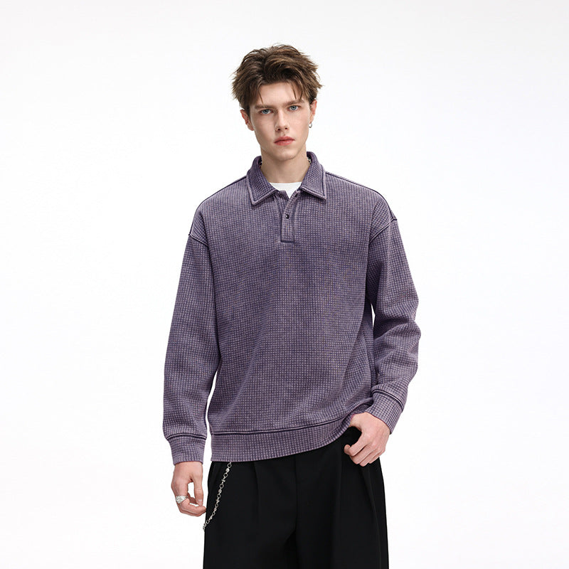 Men's waffle texture polo shirt sweater with collar and concealed button placket Drune