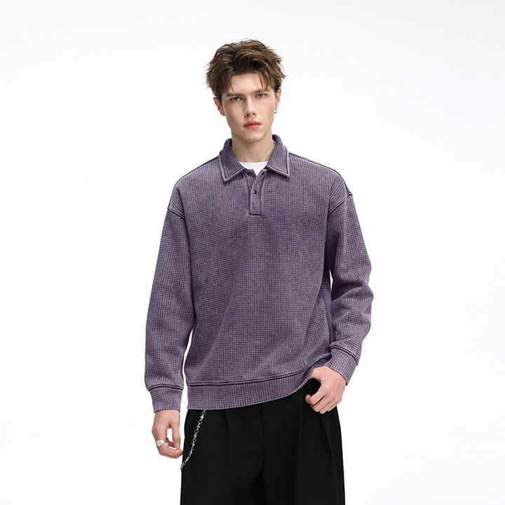 Men's waffle texture polo shirt sweater with collar and concealed button placket Drune