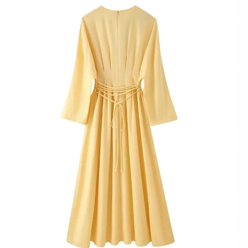Ladies max dress with pleated bodice pleats, wide skirt and long bell sleeves Mune Fashion