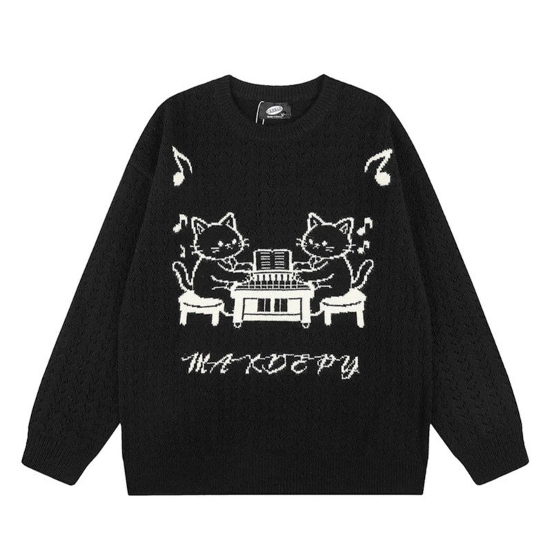 Women's Oversize Knit Sweater with Jacquard Cat Motif and Musical Design Mune Fashion