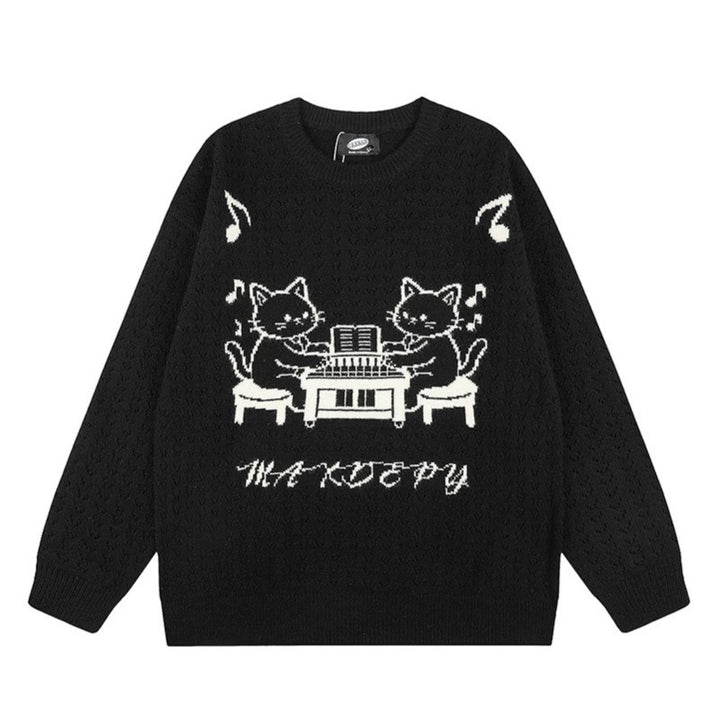 Women's Oversize Knit Sweater with Jacquard Cat Motif and Musical Design Mune Fashion