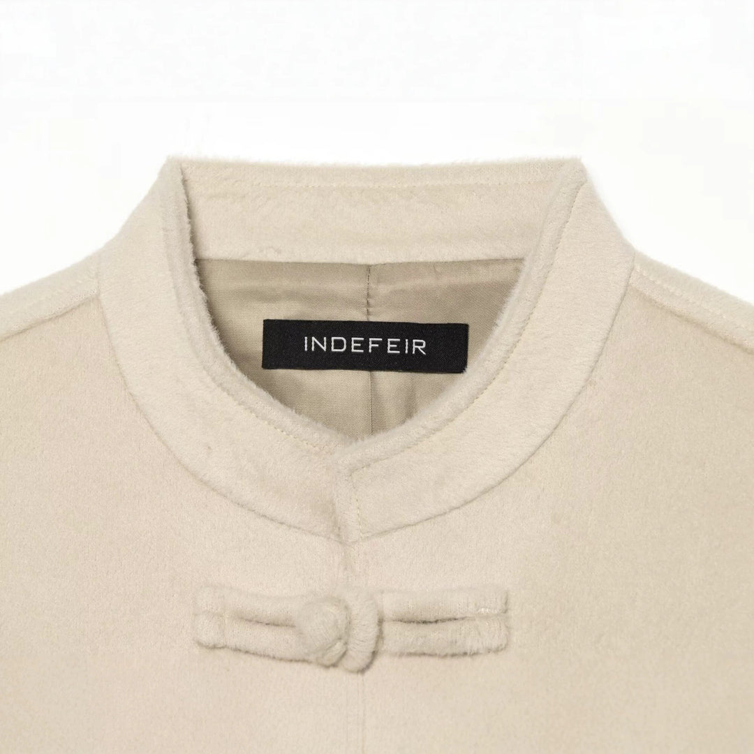 Women's Short Teddy Jacket with Mandarin Collar and Decorative Knot Closures Drune