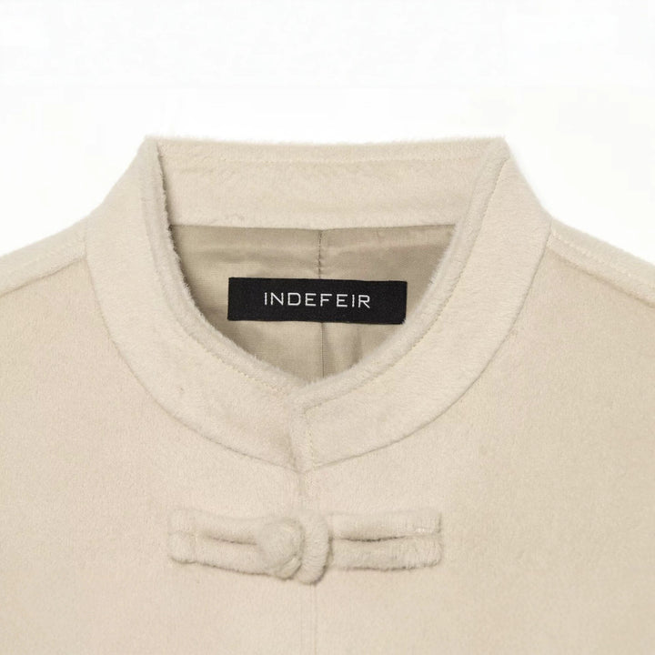 Women's Short Teddy Jacket with Mandarin Collar and Decorative Knot Closures Drune