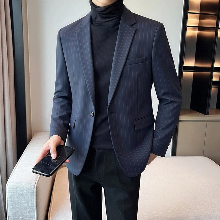 Men's pinstripe suit jacket with a slim fit, two-button closure & chest pocket Mune Fashion