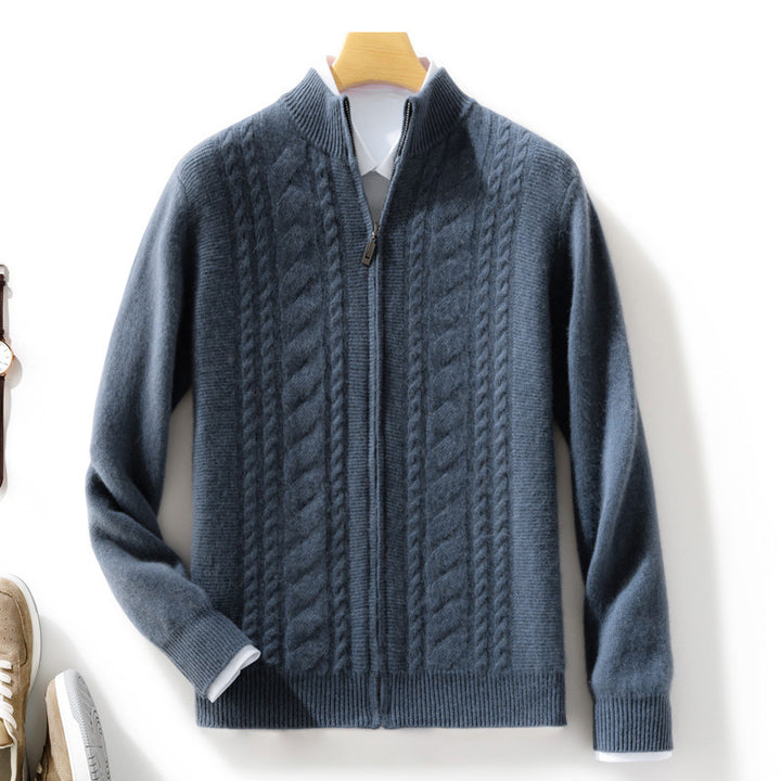 Men's zip-up knitted cardigan with cable pattern and stand-up collar Mune Fashion