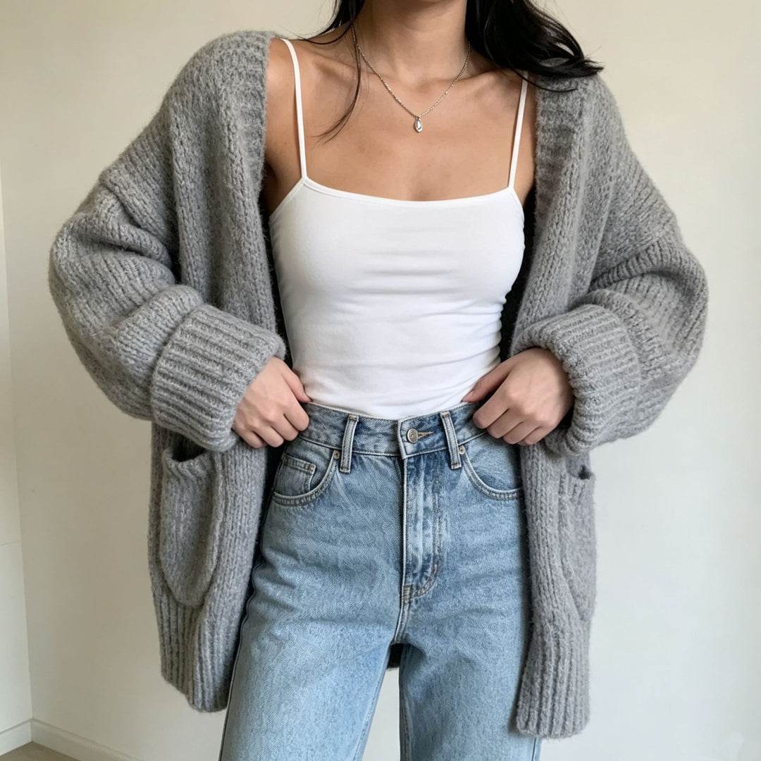 Women's Long Open Chunky Knit Cardigan with Pockets and Ribbed Cuffs Mune Fashion