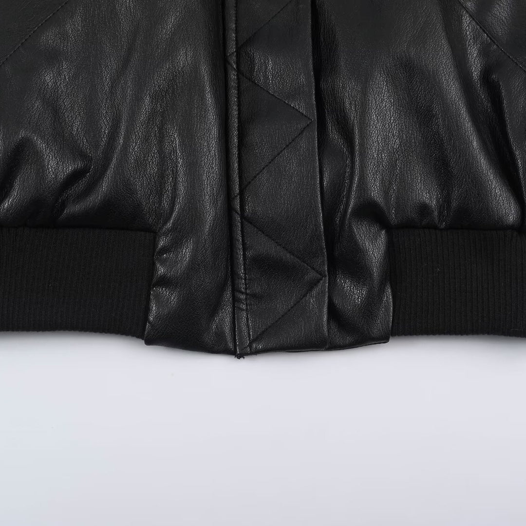 Women Faux Leather Bomber Jacket in Cropped Design with Ribbed Cuffs Mune Fashion