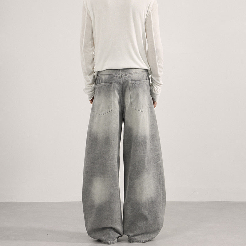 Men's Floor-Length Oversized Denim Palazzo Pants with Washed Fade Look and Deep Crotch Mune Fashion