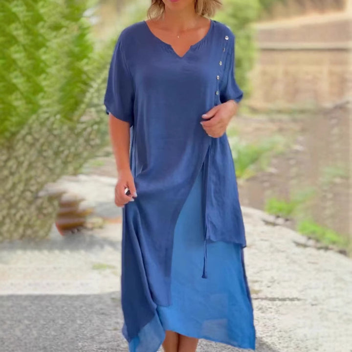 Women’s two-layer layered dress with asymmetric hem and decorative button placket Mune Fashion