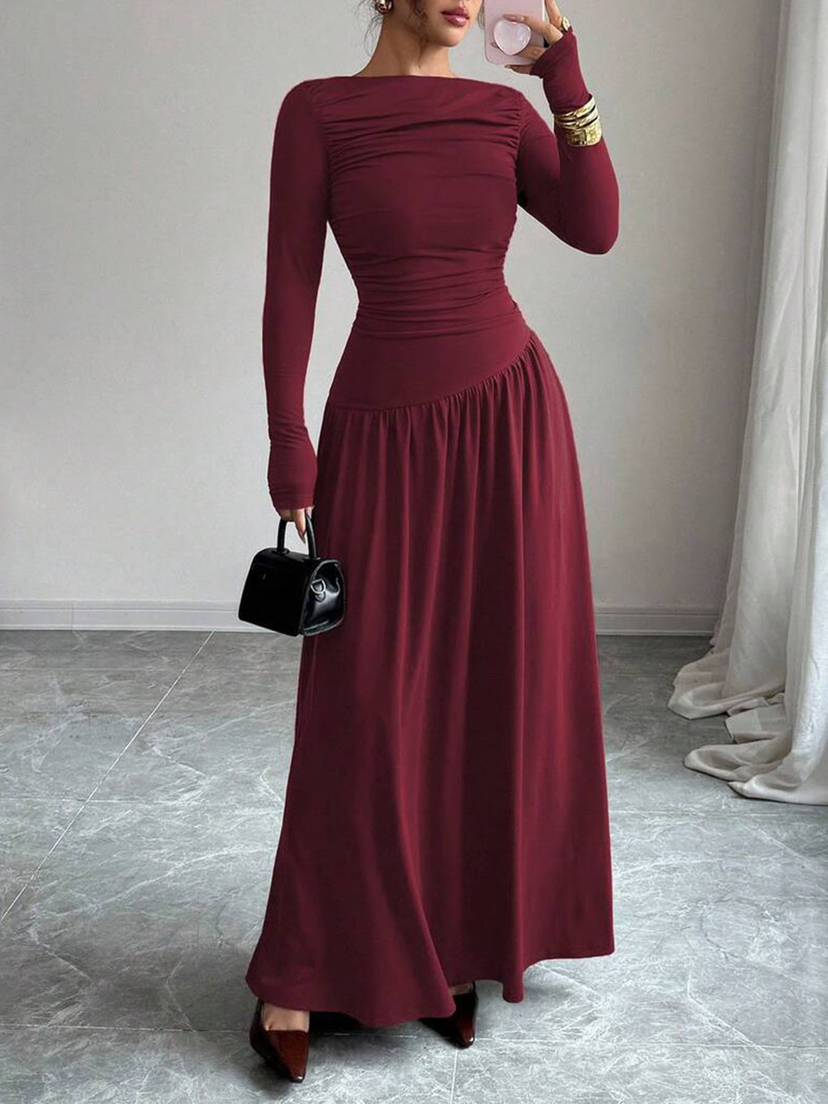 Ladies Maxi Dress with Ruched Bodice, Fitted Waist and Long Sleeve Mune Fashion