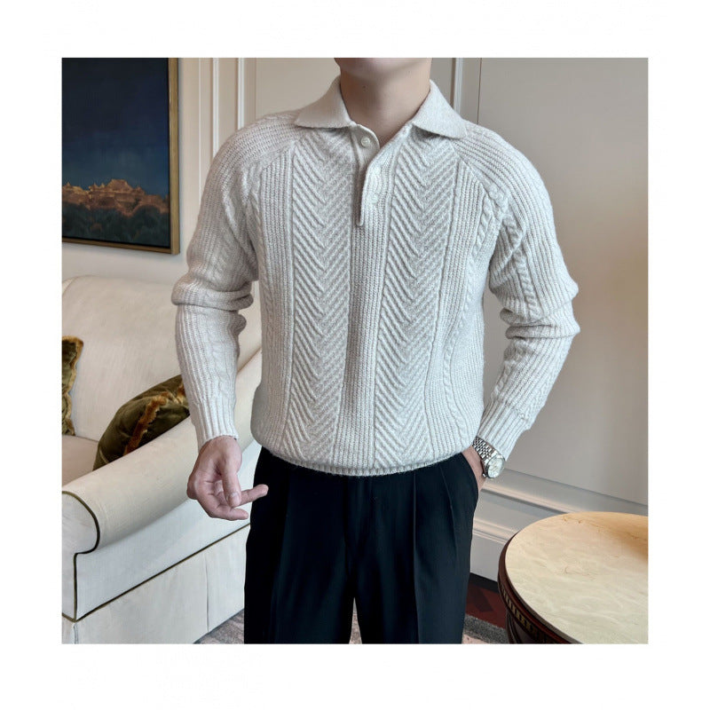 Men's Polo Collar Cable Knit Sweater with Half Button Placket Mune Fashion
