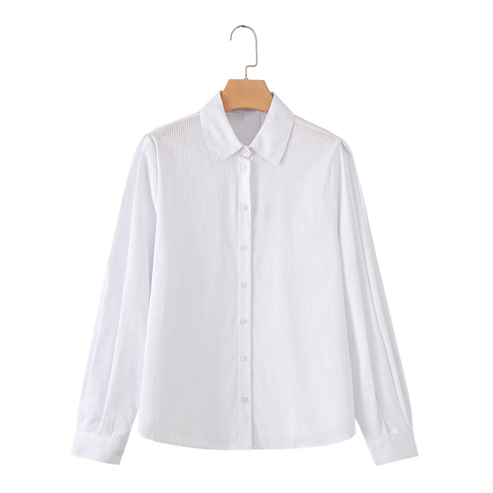 Women Loose Fit Striped Blouse with Kent Collar Continuous Button Placket and Cuffs Mune Fashion