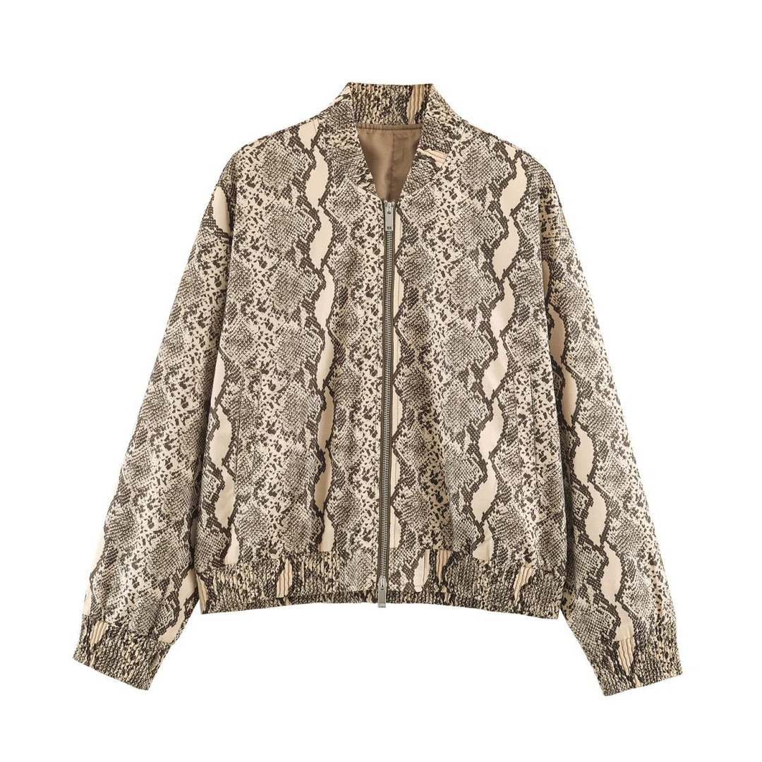Women's Lightweight Bomber Jacket with Snake Print, Zipper and Elastic Hem