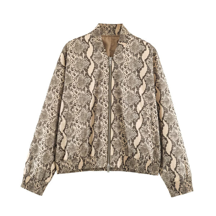 Women's Lightweight Bomber Jacket with Snake Print, Zipper and Elastic Hem