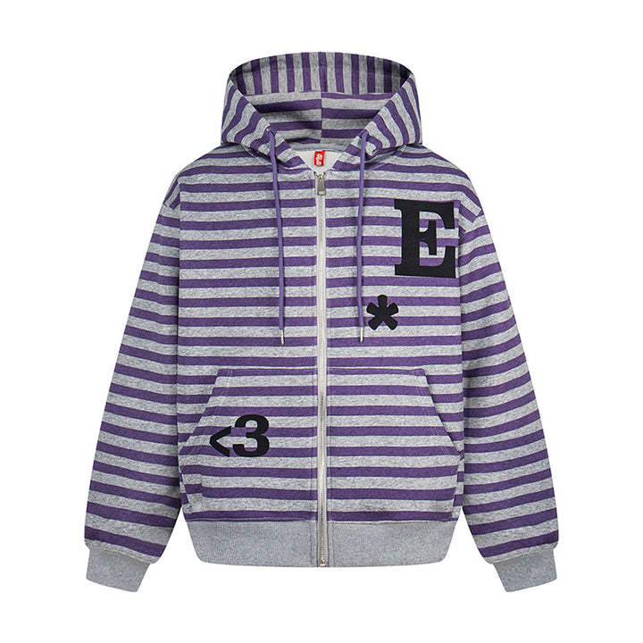 Women's oversized striped hooded sweatshirt jacket with full-length zipper and typographic front print Mune Fashion