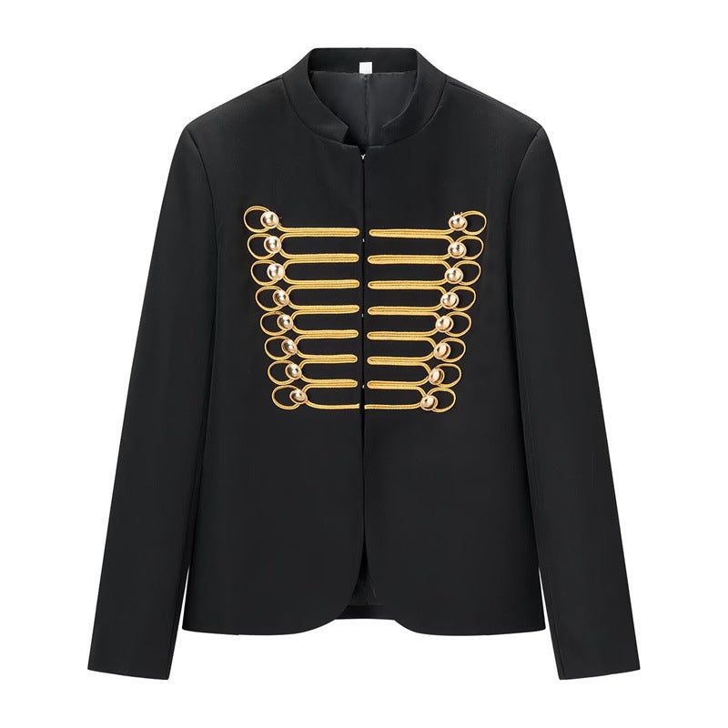 Women Military-Inspired Short Jacket with Stand-Up Collar and Golden Decorative Braid Mune Fashion