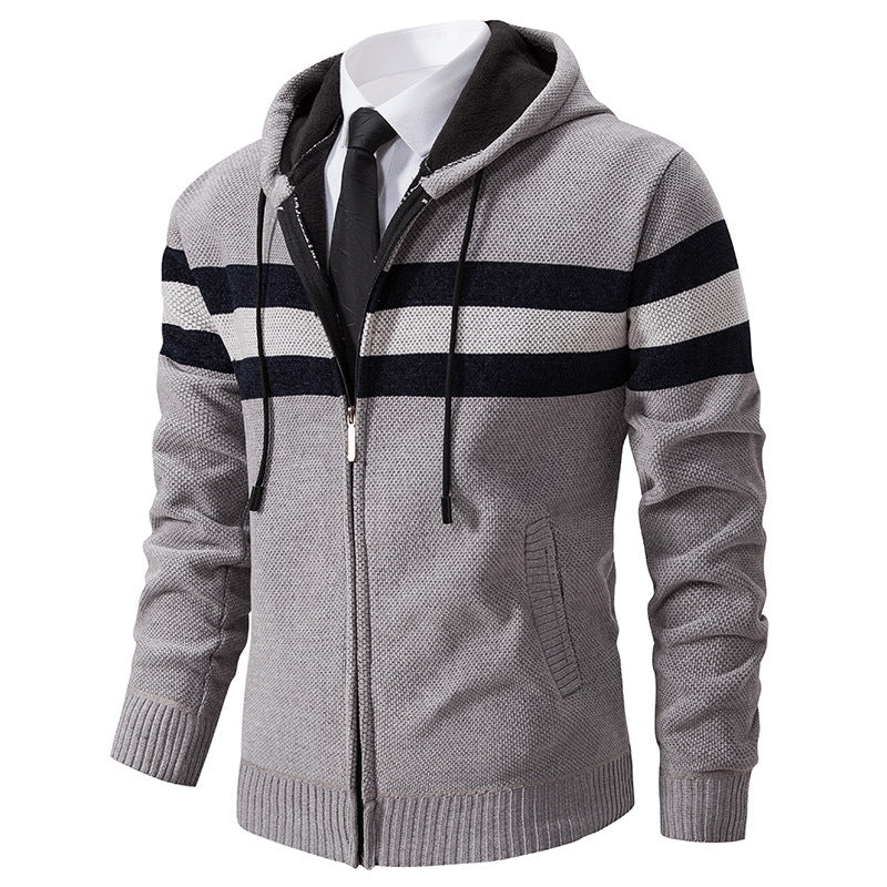 Men's Knitted Hooded Cardigan with Contrast Stripes and Zipper Mune Fashion