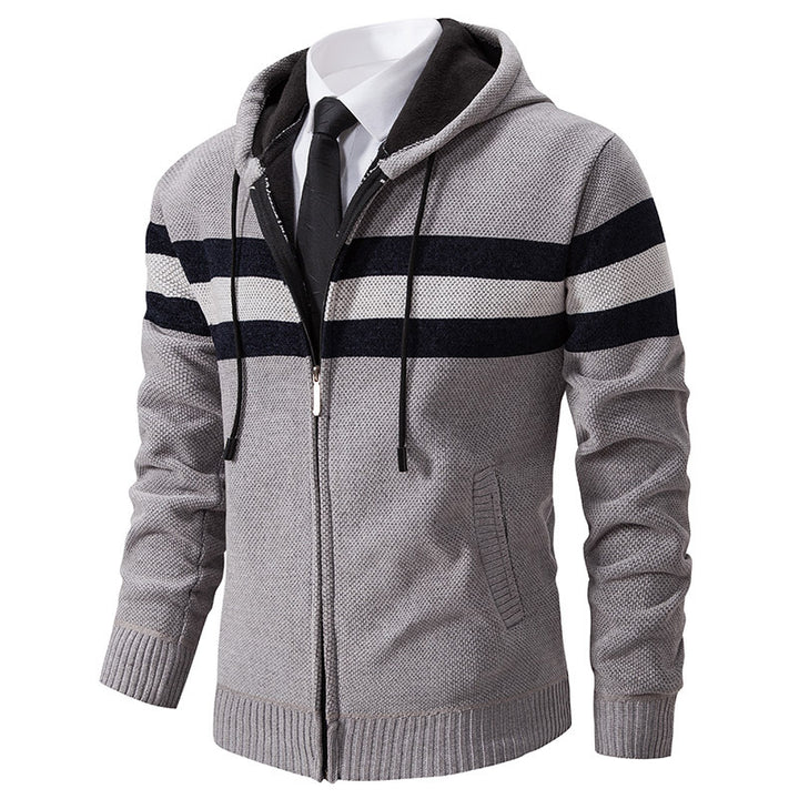 Men's Knitted Hooded Cardigan with Contrast Stripes and Zipper Mune Fashion
