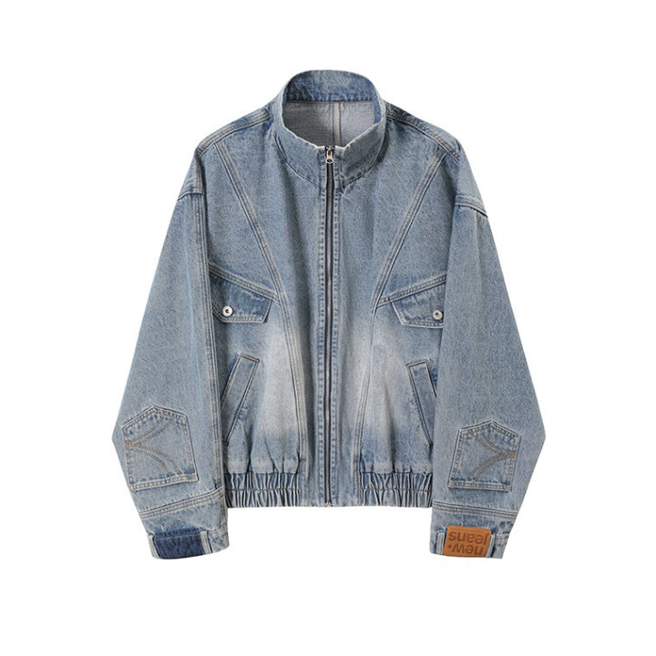 Women Oversized Denim Jacket with Stand-up Collar, Zipper and Elastic Hem Mune Fashion