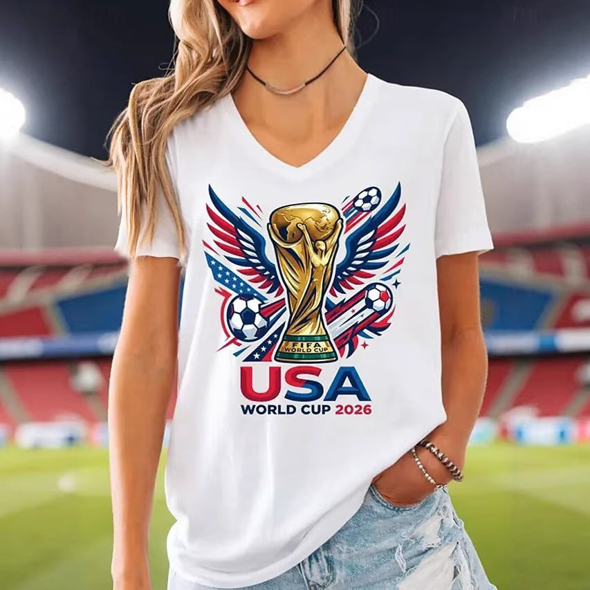 Women’s V-neck Retro Print T-shirt with Eagle Emblem and vintage-inspired Graphic Mune Fashion