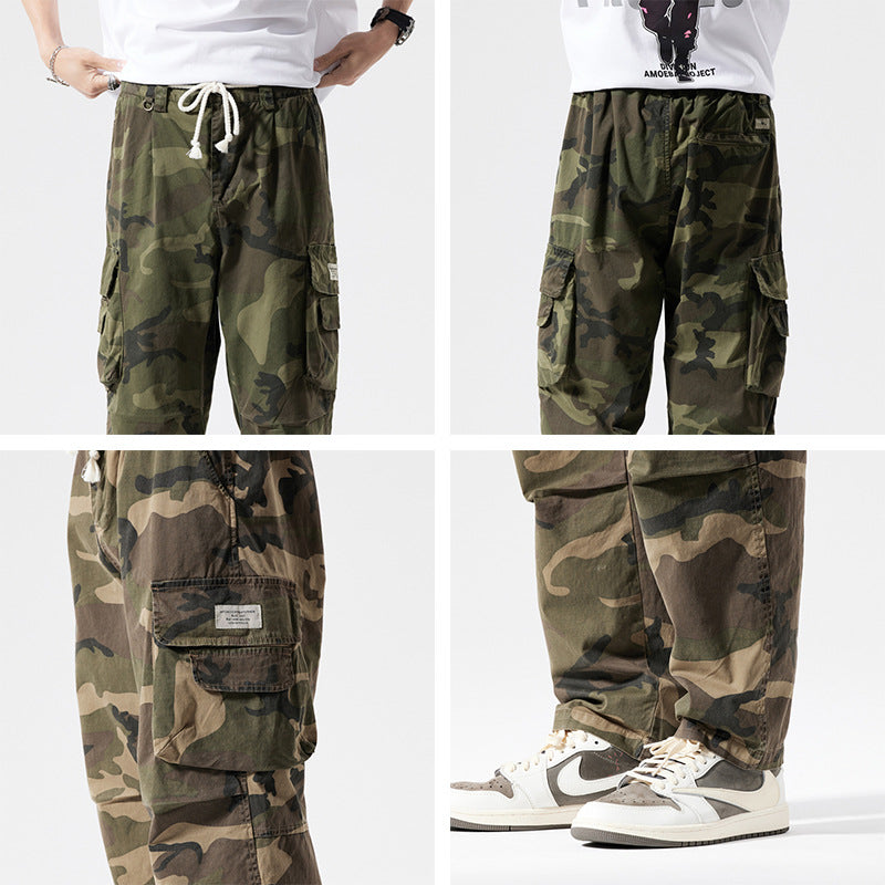 Men's Loose Fit Multi-Pocket Cargo Pants with Drawstring and Camouflage Pattern Mune Fashion