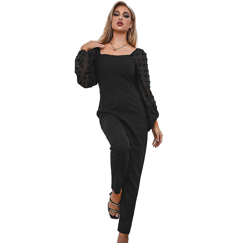 Women Elegant Jumpsuit with Puff Sleeves made of Mesh and Square Neckline Mune Fashion