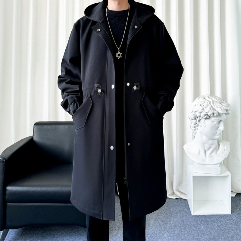 Men's longer water-repellent hooded coat with drawstring, concealed zipper, and flap pockets Mune Fashion