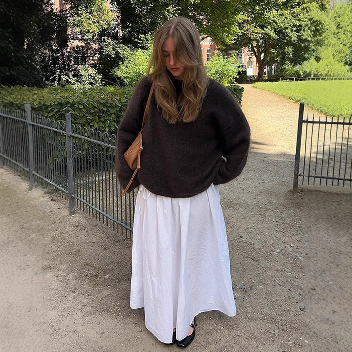 Women's denim midi skirt with high waist, front slit and straight cut Mune Fashion