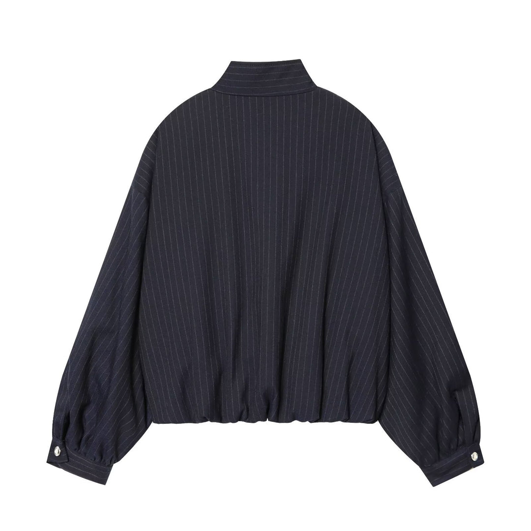 Ladies Short Pinstripe Blouson Jacket with Stand Collar, Balloon Sleeves and Elastic Hem Mune Fashion