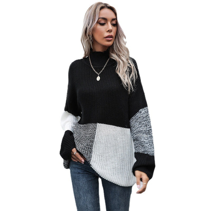 Ladies Oversized Fine Knit Sweater in Block Patch Design with Stand-up Collar Mune Fashion