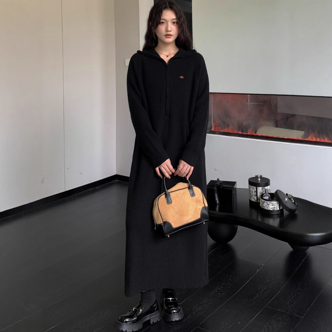 Women's Ribbed Hooded Knitted Maxi Dress with Half Zipper and Wide Fall Mune Fashion