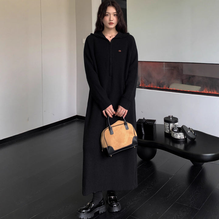 Women's Ribbed Hooded Knitted Maxi Dress with Half Zipper and Wide Fall Mune Fashion