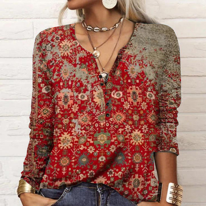 Women Loose Long Sleeve Henley Shirt with V-Neck, Button Placket and Ombre Print Mune Fashion