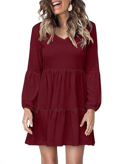 Women's Tiered Mini Dress with V-Neck and Balloon Sleeves Mune Fashion