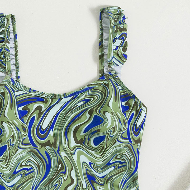 Women's one-piece swimsuit with playful ruffle design and fashionable marble pattern Mune Fashion