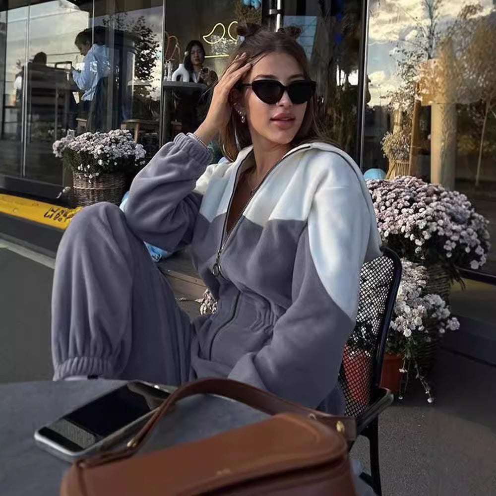 Women's two-piece crop zip hoodie and high-waist relaxed pants with wide leg Mune Fashion