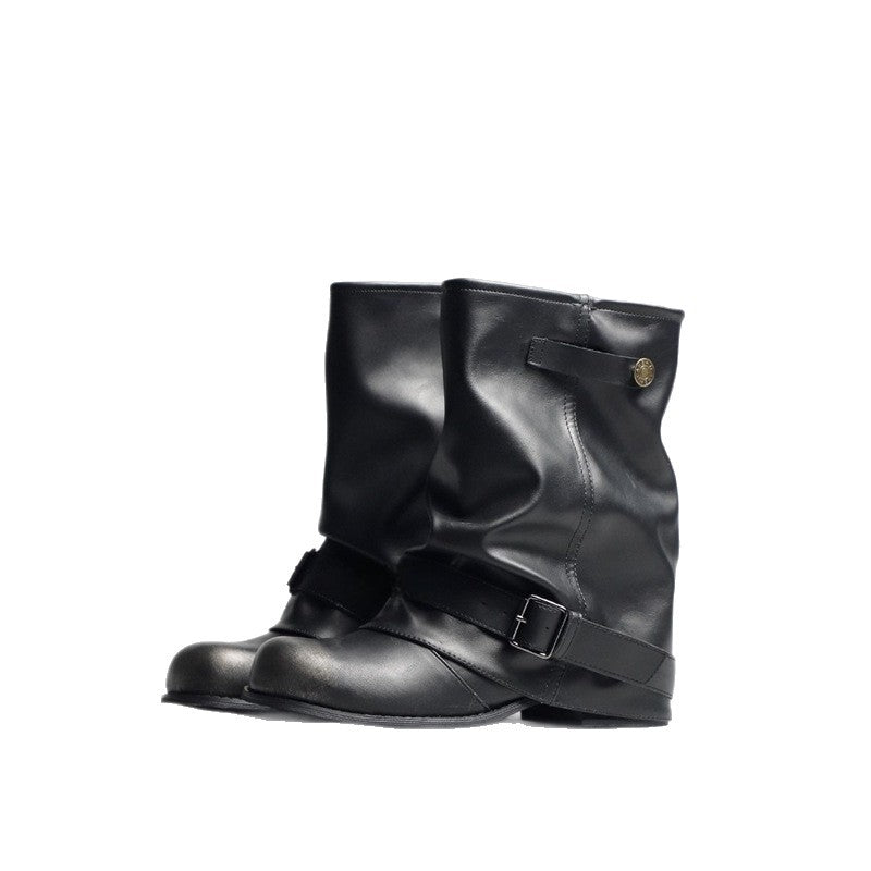 Women Slouchy Biker Boots in Leather Look with Adjustable Buckle Strap and Medium Block Heel Mune Fashion