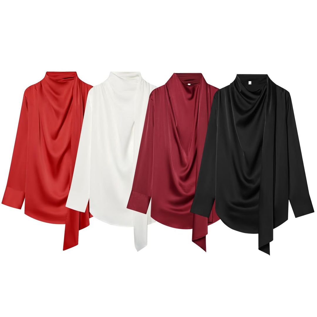 Women's Draped Oversized Blouse with Bow and Stand-up Collar Mune Fashion