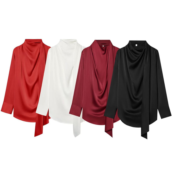 Women's Draped Oversized Blouse with Bow and Stand-up Collar Mune Fashion
