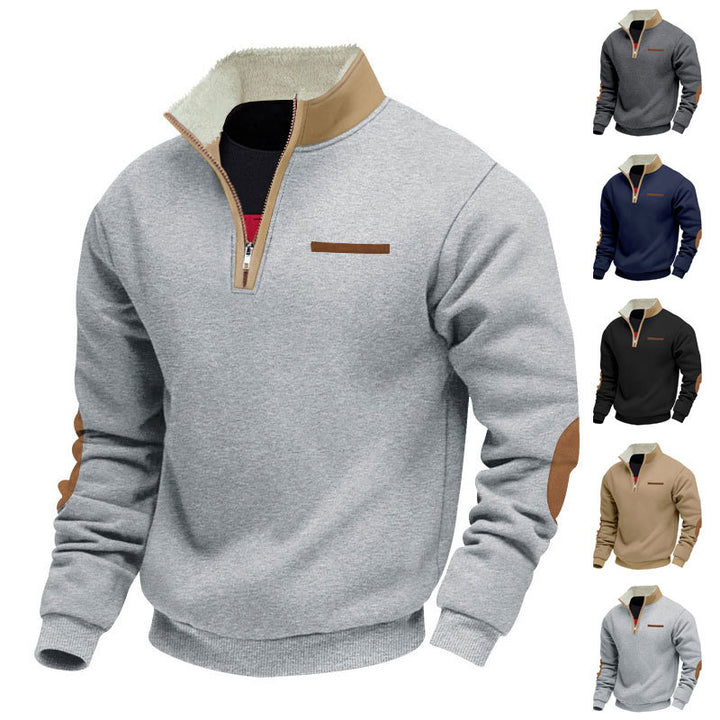 Men's half-zip troyer with teddy fleece collar and leather elbow patches Mune Fashion