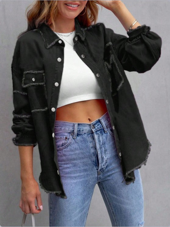 Women's Oversized Denim Utility Jacket with Frayed Edges and Flap Pockets Mune Fashion