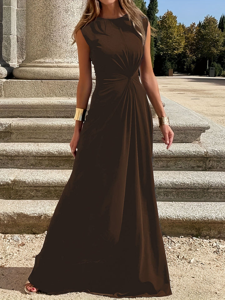 Women Elegant Maxi Dress with Gatherings and Round Neckline Mune Fashion