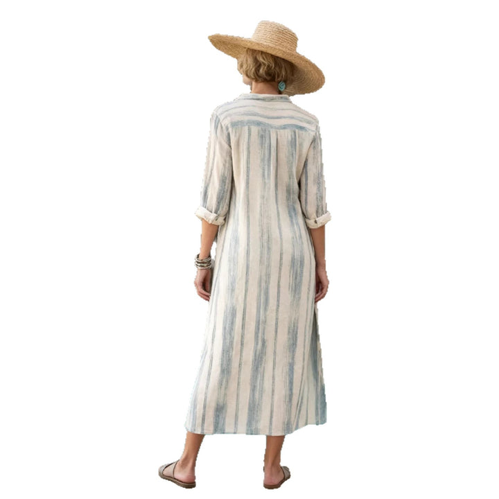 Women's Striped Shirt Dress in Linen Look with Continuous Button Placket Mune Fashion