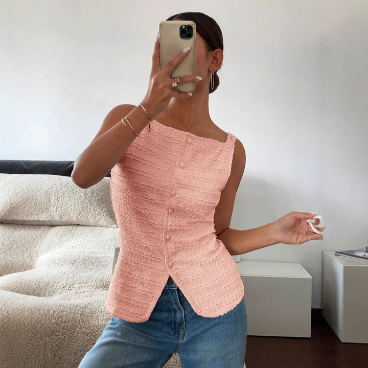 Women's sleeveless structured top with decorative button placket and front slit Mune Fashion