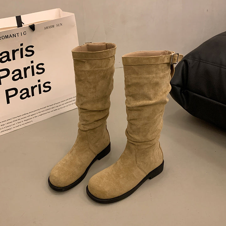 Women's suede knee-high boots with gathered shaft and adjustable buckle tab Mune Fashion