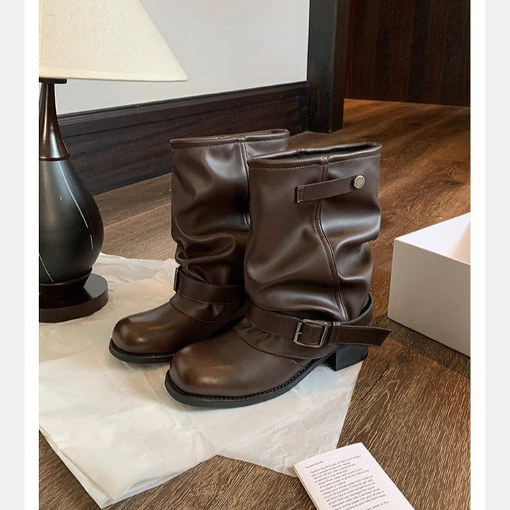 Women's Mid-Calf Biker Boots made of Smooth Leather with Adjustable Buckle Strap Mune Fashion
